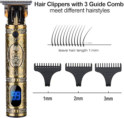 T9 Professional Hair Clipper - Gold Digital Display Wireless Hair Clipper with 3 Combs and USB Charger - Gold