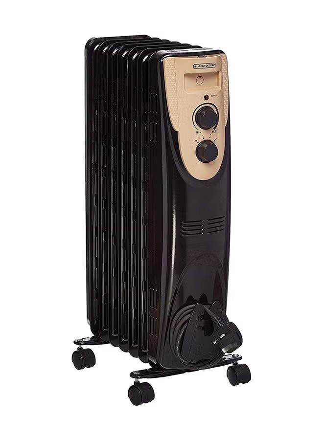 A black 10-panel oil radiator heater with a beige control panel and caster wheels, shown on a plain white background with its power cord coiled at the base.