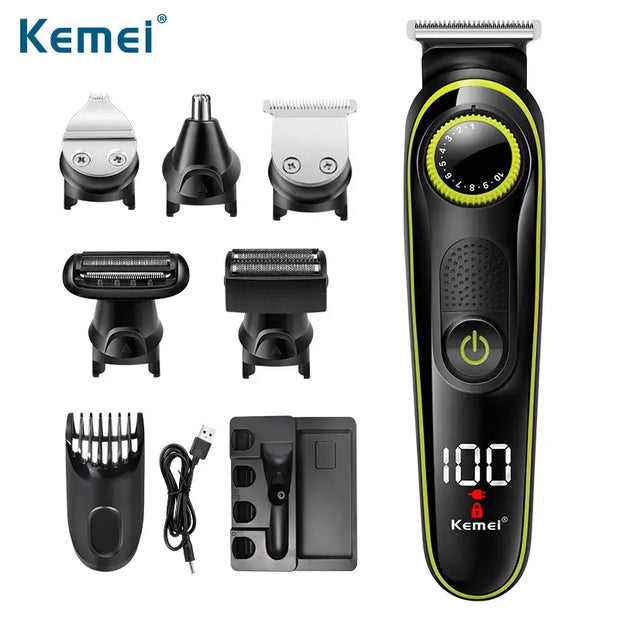 Kemei 5 in 1 Rechargeable Hair and Beard Trimmer, LED Display, Black, KM-696